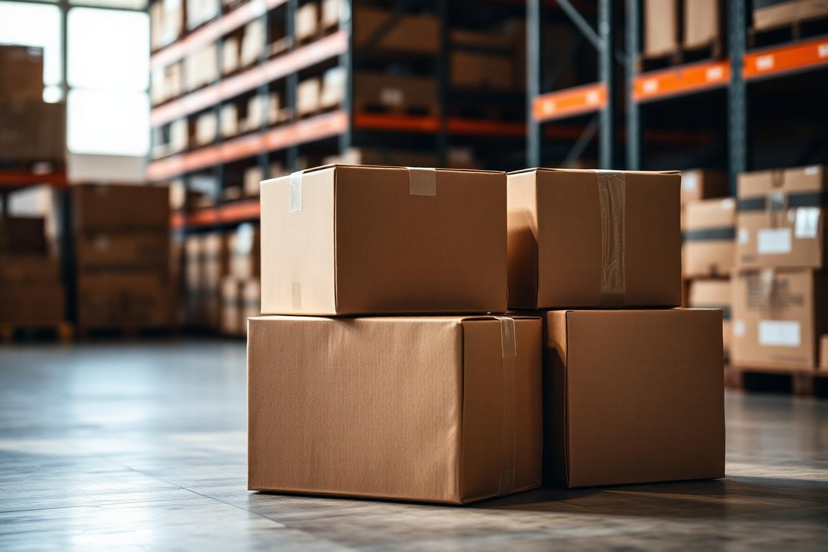 Sealed brown corrugated shipping boxes in a UK fulfilment warehouse
